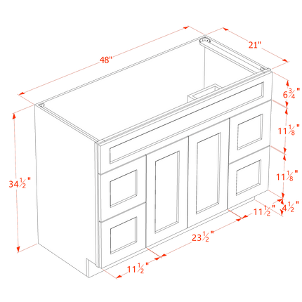 Slim White - Vanity Sink Drawer Base - 2 Door, 4 Drawer & False Drawer - 48"W x 34-1/2"H x 21"D