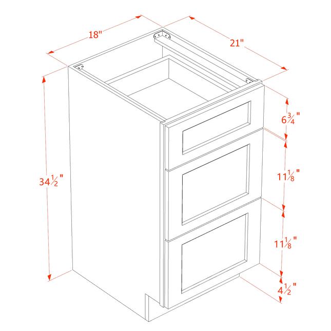 White Shaker - Vanity Drawer Base - 3 Drawer - 18"W x 34-1/2"H x 21"D