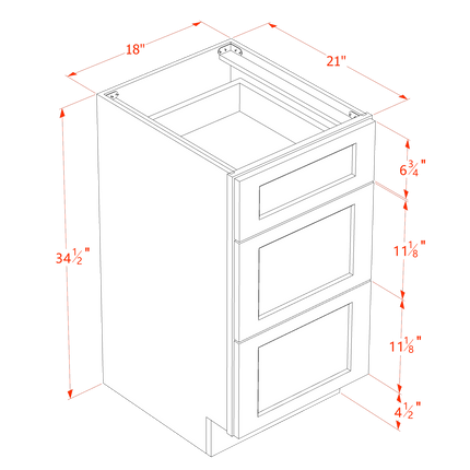 Light Grey Shaker - Vanity Drawer Base - 3 Drawer - 18"W x 34-1/2"H x 21"D