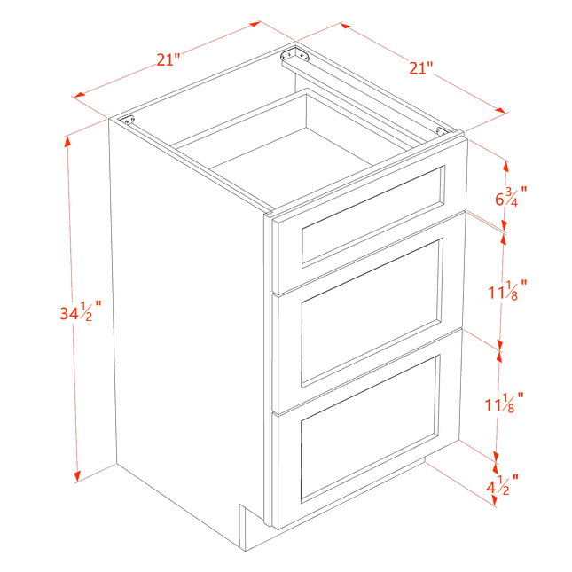 White Shaker - Vanity Drawer Base - 3 Drawer - 21"W x 34-1/2"H x 21"D