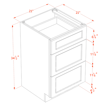 Slim White - Vanity Drawer Base - 3 Drawer - 21"W x 34-1/2"H x 21"D