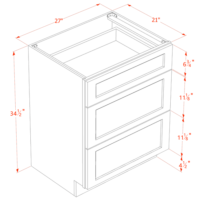 White Shaker - Vanity Drawer Base - 3 Drawer - 27"W x 34-1/2"H x 21"D