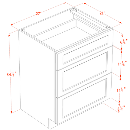 Light Grey Shaker - Vanity Drawer Base - 3 Drawer - 27"W x 34-1/2"H x 21"D