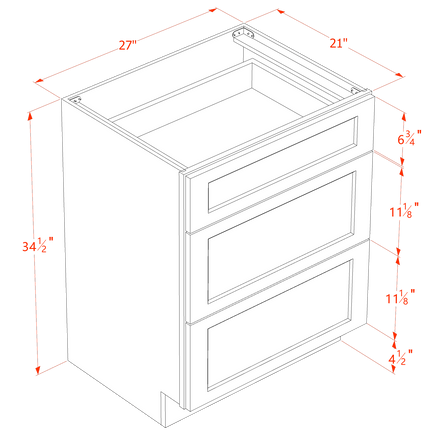 Slim White - Vanity Drawer Base - 3 Drawer - 27"W x 34-1/2"H x 21"D