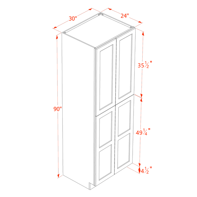 White Shaker - Tall - Shelf Pantry w/ 4 Door & 5 Shelf - 30"W x 90"H x 24"D