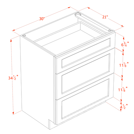 White Shaker - Vanity Drawer Base - 3 Drawer - 30"W x 34-1/2"H x 21"D