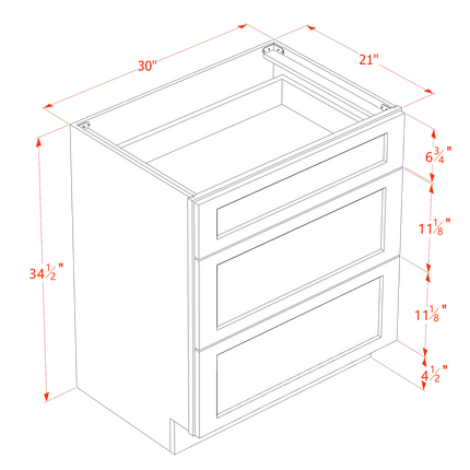 Ivory White - Vanity Drawer Base - 3 Drawer - 30"W x 34-1/2"H x 21"D
