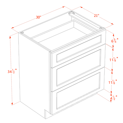 Slim White - Vanity Drawer Base - 3 Drawer - 30"W x 34-1/2"H x 21"D
