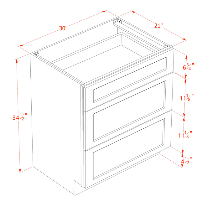 Light Grey Shaker - Vanity Drawer Base - 3 Drawer - 30"W x 34-1/2"H x 21"D