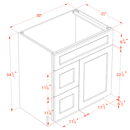 White Shaker - Vanity Sink Drawer Base - 1 Door & 2 Left Drawer - 30"W x 34-1/2"H x 21"D