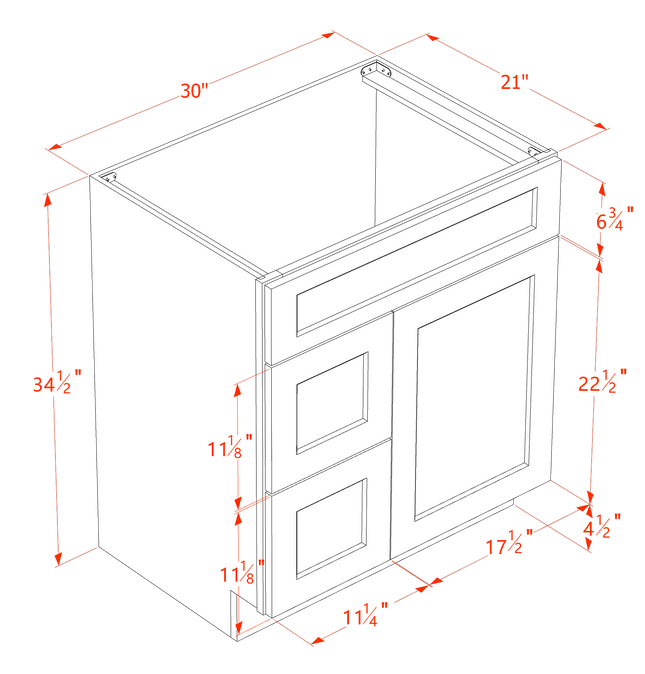 White Shaker - Vanity Sink Drawer Base - 1 Door & 2 Left Drawer - 30"W x 34-1/2"H x 21"D