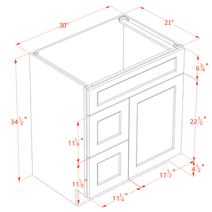 Slim White - Vanity Sink Drawer Base - 1 Door & 2 Left Drawer - 30"W x 34-1/2"H x 21"D
