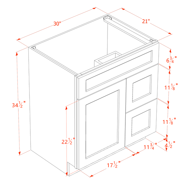 White Shaker - Vanity Sink Drawer Base - 1 Door & 2 Right Drawer - 30"W x 34-1/2"H x 21"D