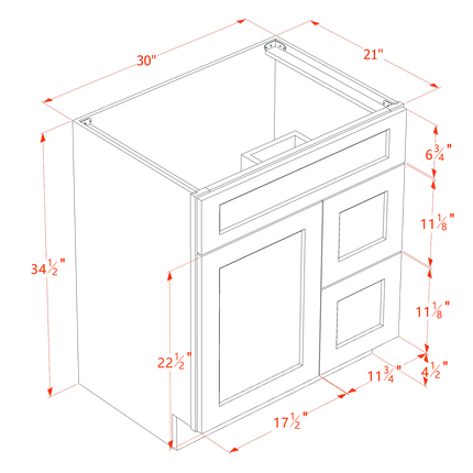 Slim White - Vanity Sink Drawer Base - 1 Door & 2 Right Drawer - 30"W x 34-1/2"H x 21"D