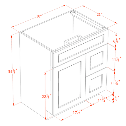 Ebony Shaker - Vanity Sink Drawer Base - 1 Door & 2 Right Drawer - 30"W x 34-1/2"H x 21"D