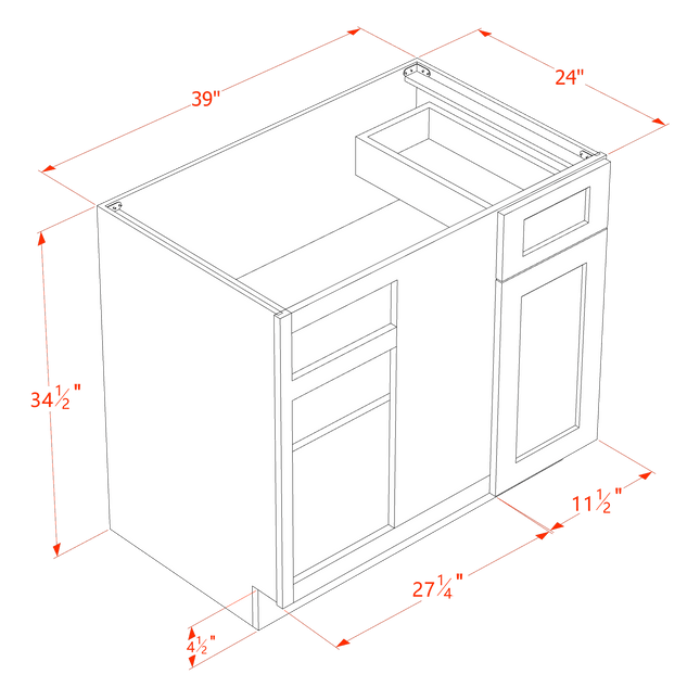 White Shaker - Blind Base Corner - Blind w/ 1 Door & 1 Drawer 39"W x 34-1/2"H x 24"D