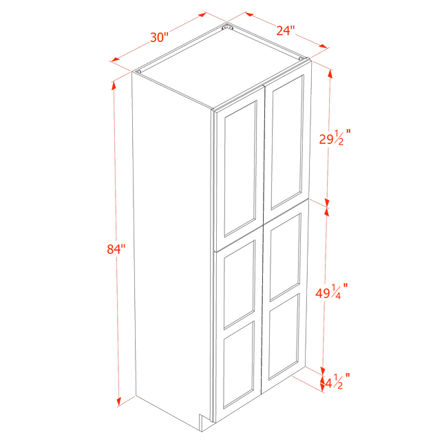 White Shaker - Tall - Shelf Pantry w/ 4 Door & 5 Shelf - 30"W x 84"H x 24"D