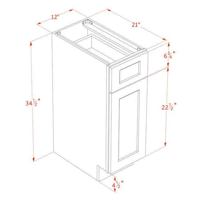 White Shaker - Vanity Base - 1 Door & 1 Drawer - 12"W x 34-1/2"H x 21"D