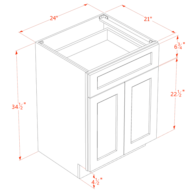 White Shaker - Vanity Base - 2 Door & 1 Drawer - 24"W x 34-1/2"H x 21"D